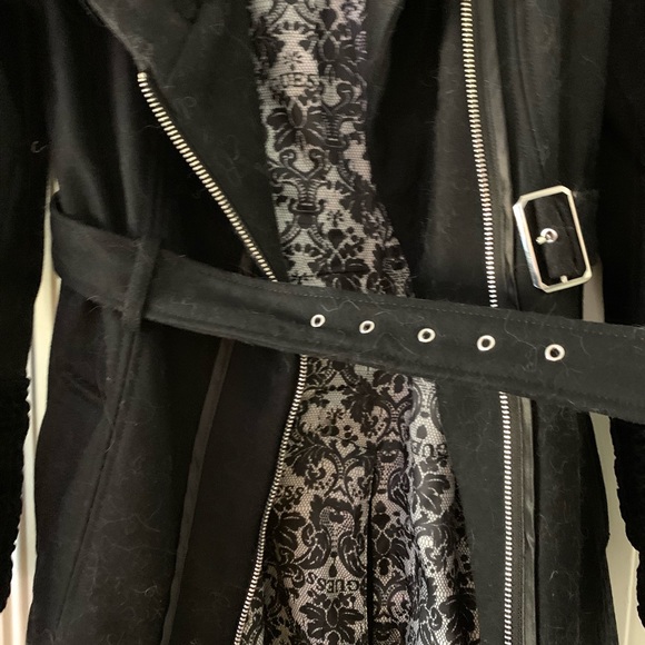 GUESS Black Wool Coat w/Chenille Boucle Collar & Cuffs Asymmetrical Zip Front S - Picture 11 of 14